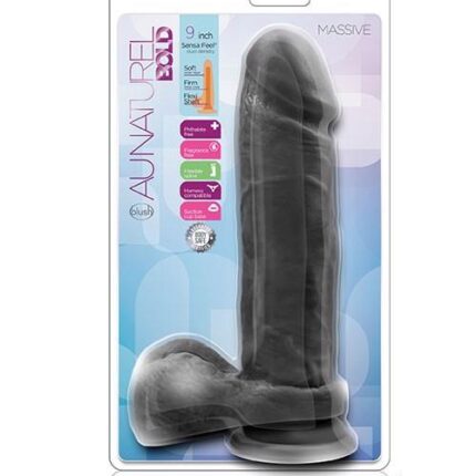 Silikonowe gładkie czarne dildo z przyssawką 23 cm