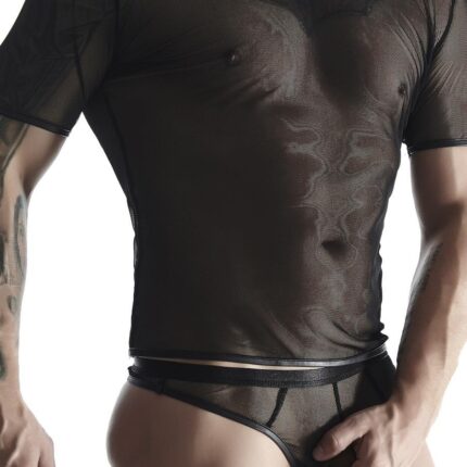 Męski komplet z elastycznej siatki: t-shirt w serek, stringi xl